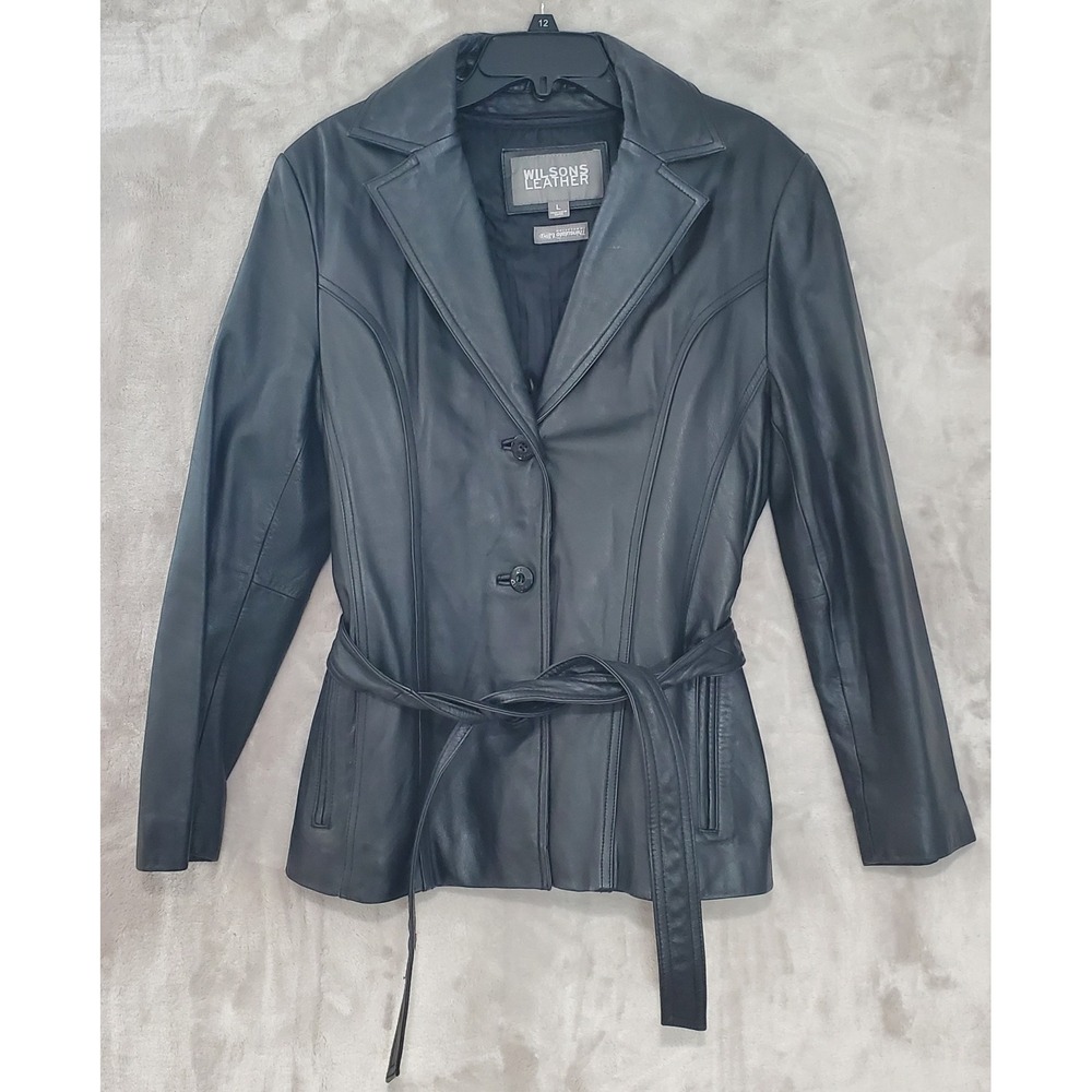 Wilsons Black Leather Thinsulate Lined Jacket Womens L Belted Button Down‎ Coat